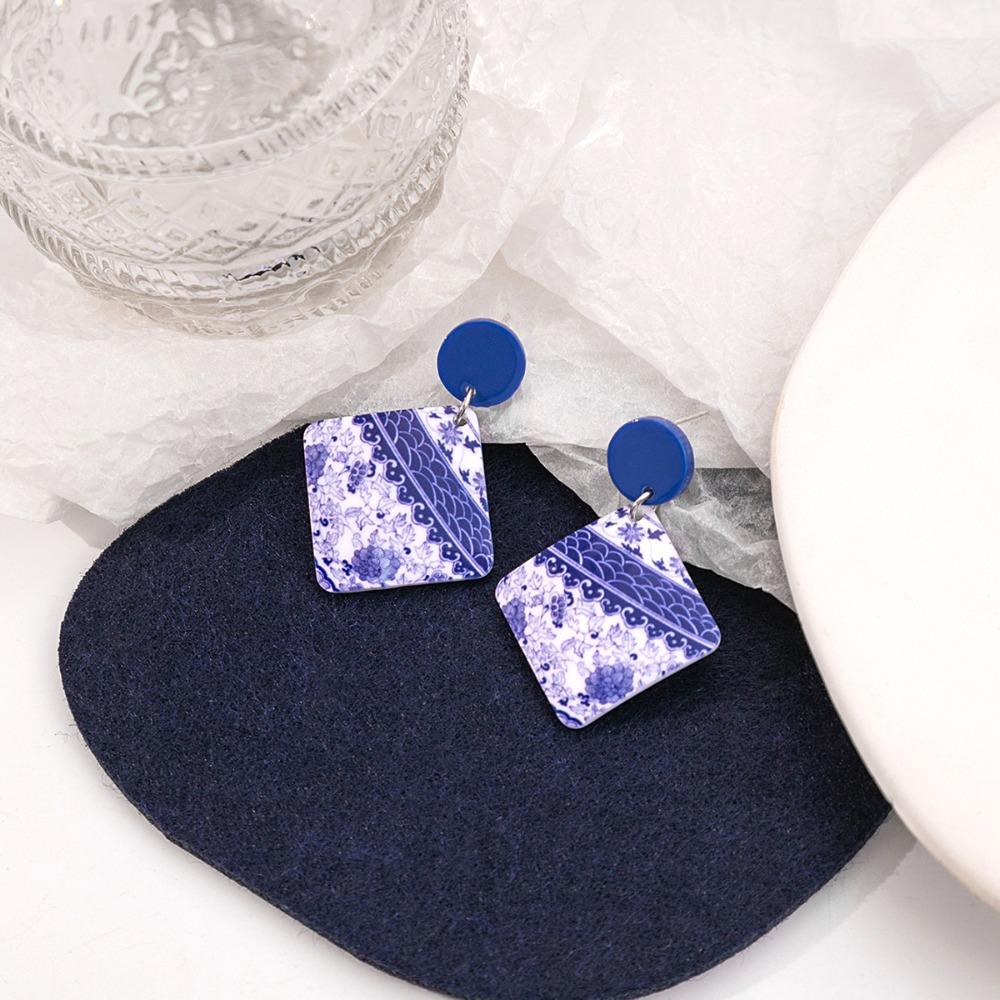 Chinese Style Blue and White Porcelain Earrings Wave Point Elegant Geometric Earrings  Lady/Gifts