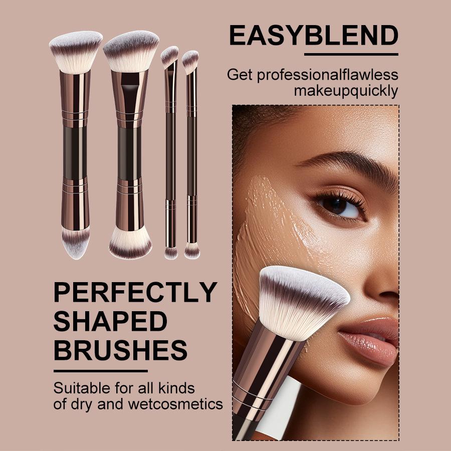 Dual-Head Makeup Brush Set: Foundation, Blush, Loose Powder Brushes In Coffee Color.