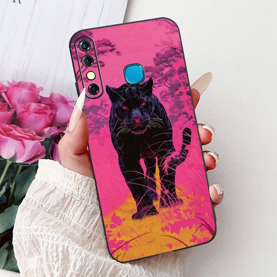 For Infinix Hot 8 Phone Case Hot 8 Lite Hot8 X650 X650C X650B X650D Elegant Floral Cat Pattern Black Silicone Soft TPU Cases