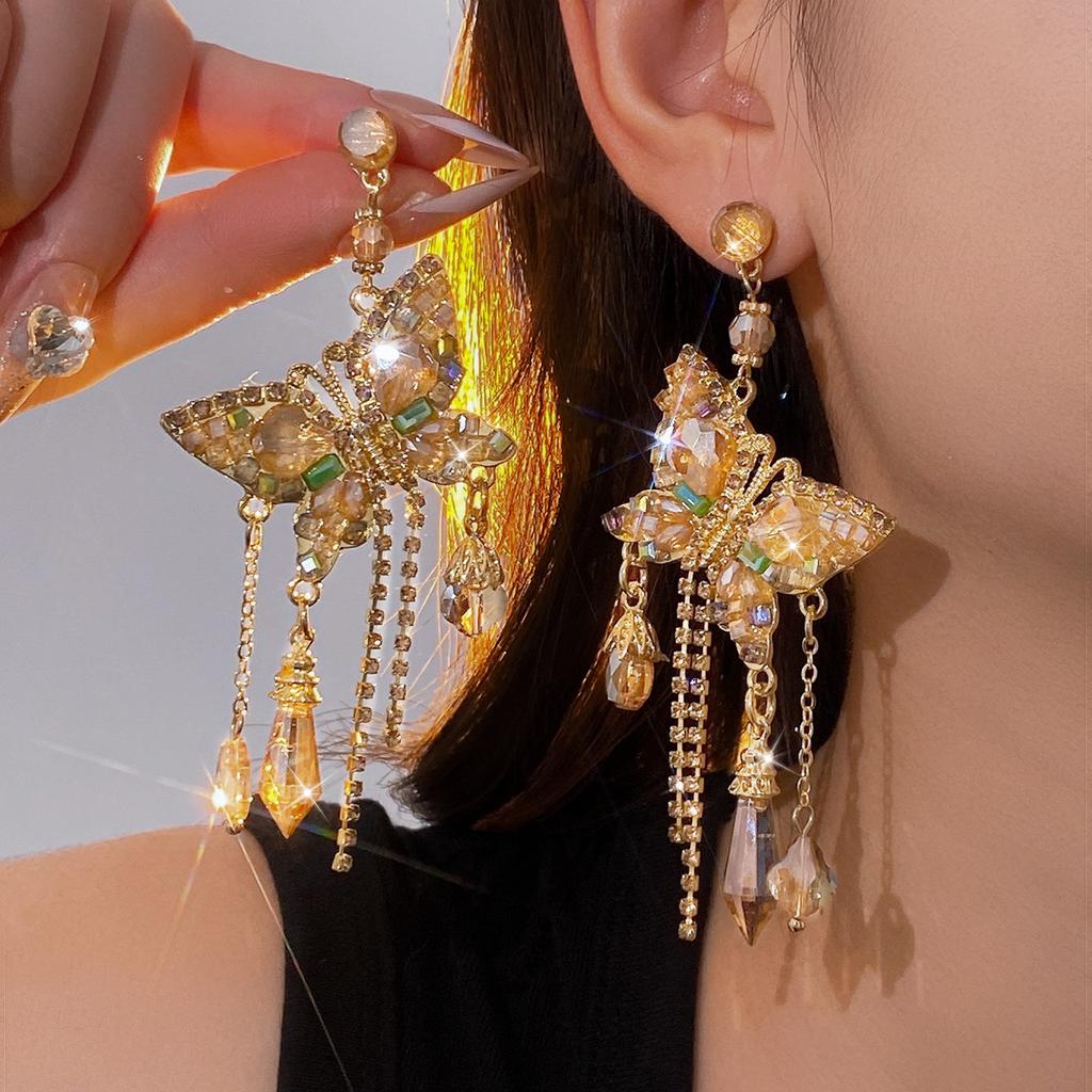 Silver Needle European and American Exaggerated Diamond-encrusted Butterfly Tassel Earrings Light Luxury Premium Earrings Holiday Temperament Earrings