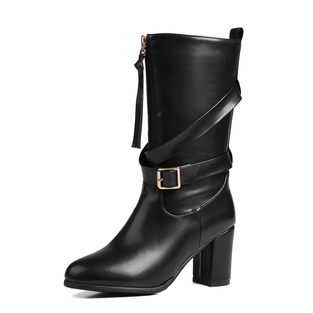 Fashion 2025 High Quality Women's Shoes Belt Buckle High Heels Boots Solid Modern Boats Women Hot Sale Round Toe Zip Mid-Calf Booties