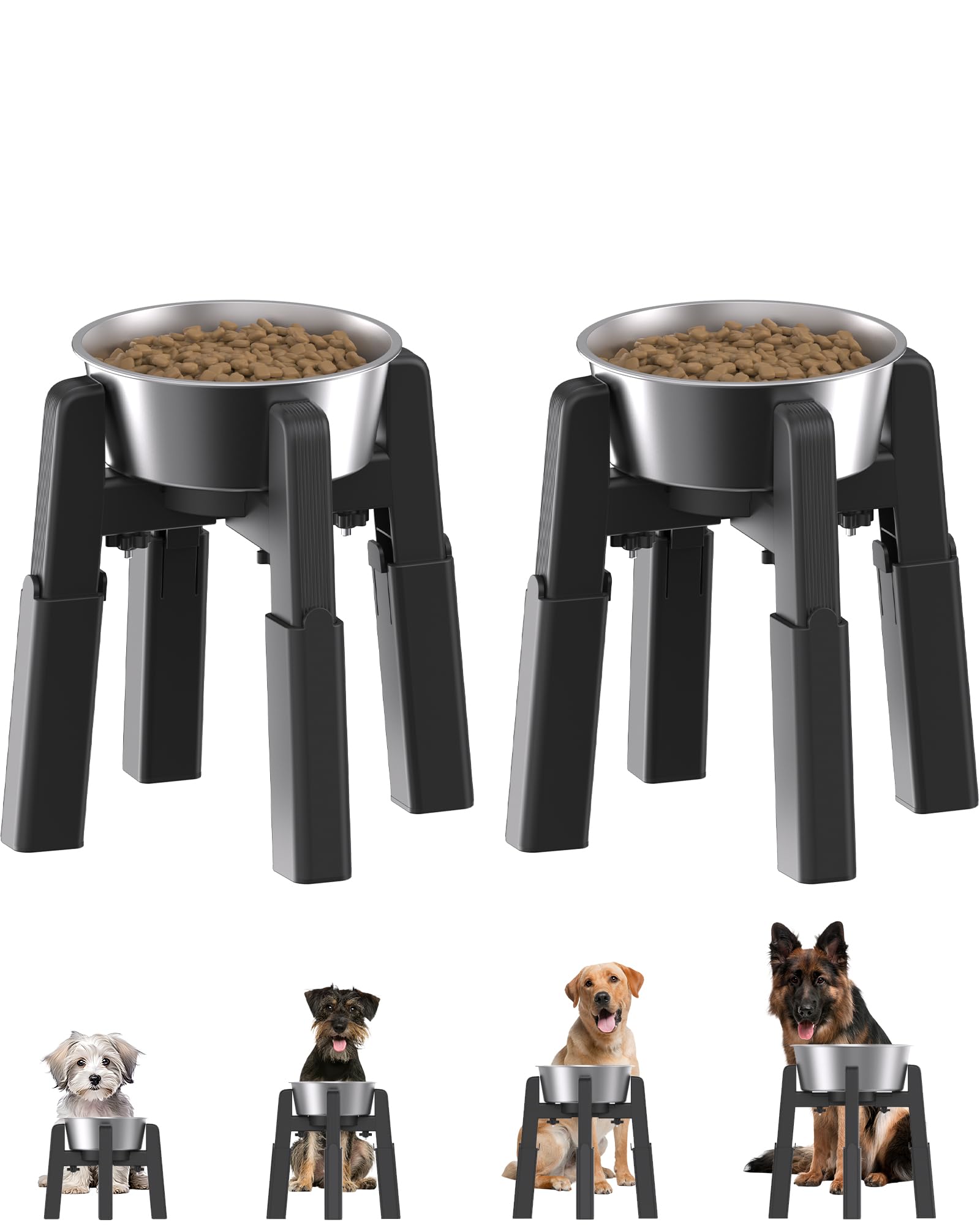 

JUNSPOW 2-Pack Height-Adjustable Pet Bowl Stand [Stainless Steel Bowl Included] Dog Water Bowl Food Bowl Feeding Dish Stand Large Capacity Suitable He
