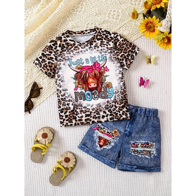 Girls Summer Cartoon Print Suit Without Pockets Fake Denim Shorts T-shirt Top Two-piece Set