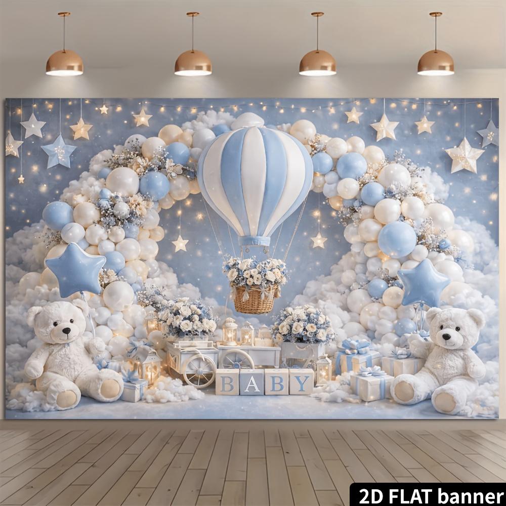 2D flat blue and white balloon arched bear background sky scene design with hot air balloons gift cars letters and lanterns