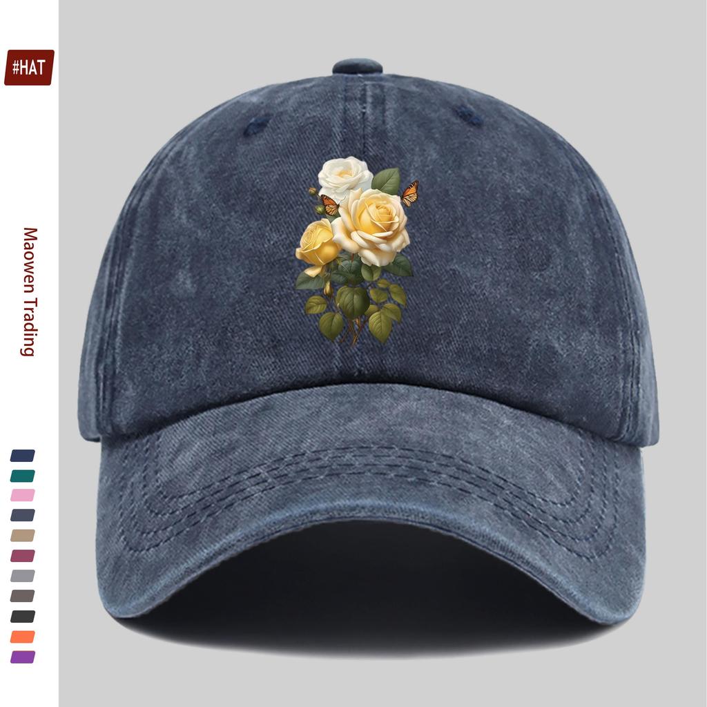 pc Yellow Rose And Butterfly Print Baseball Cap Travel Leisure Decorative Design Sun Hat Comfortable And Lightweight Buckle Adj
