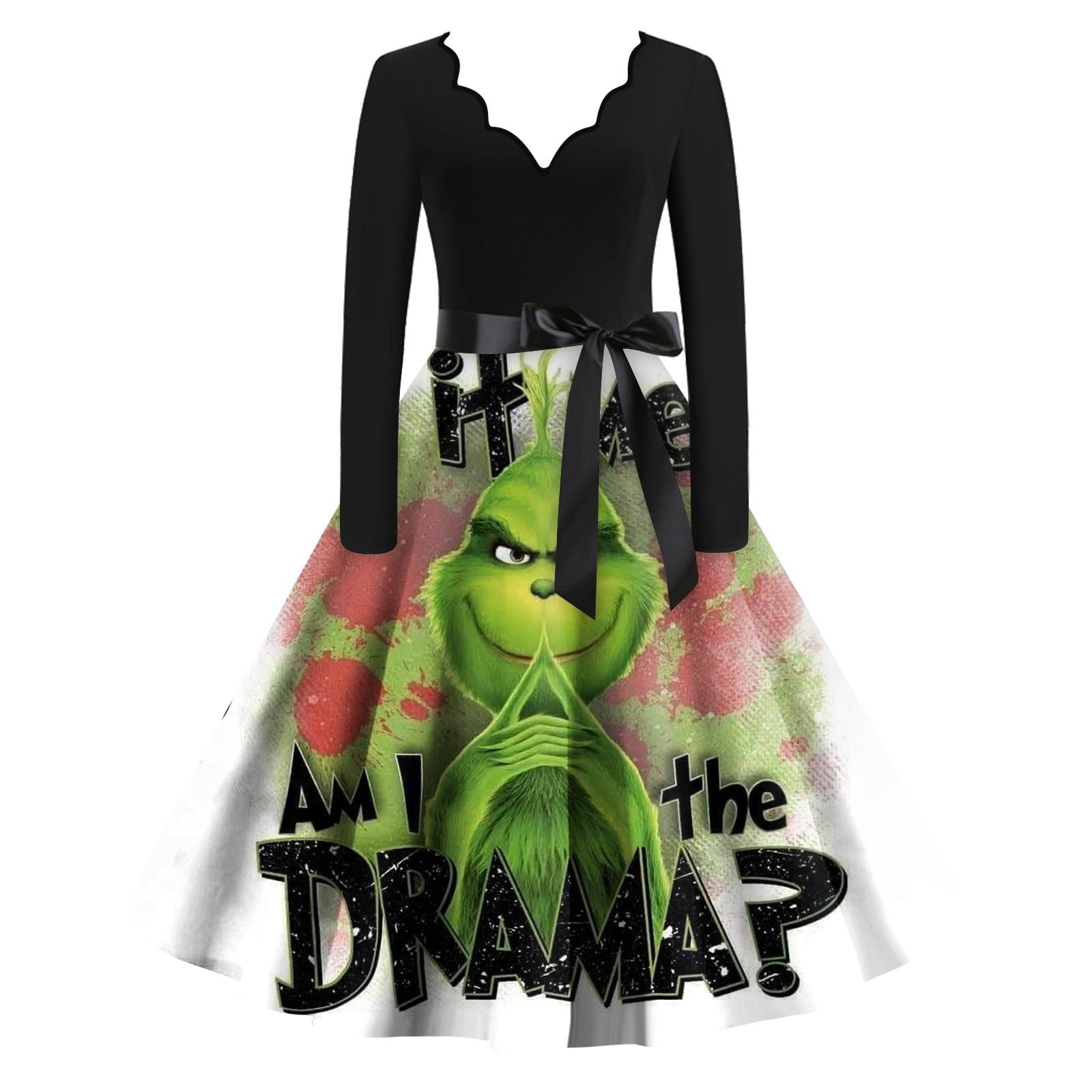 

Женское облегающее платье свободного кроя с рождественским принтом, контрастной строчкой, V-образным вырезом и длинными рукавами M