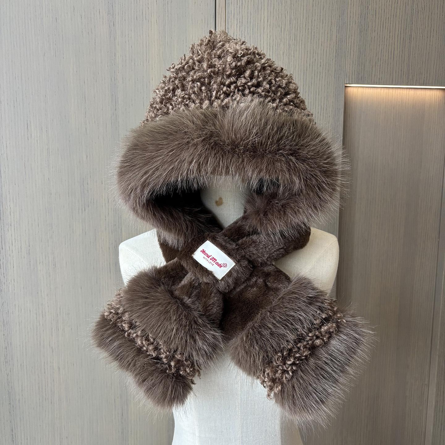 

Cold-Proof And Warm Plush Hat, Scarf, Hat Integrated Two-Piece Set, Women S Winter Thickened Ear Protection Riding Hat One size fits all кавовий