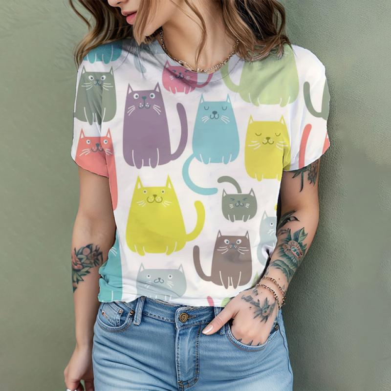 Women's T Shirt Comic Cat 3D Print Harajuku Summer Short Sleeve Top O Neck Casual Women's Oversized T Shirt Coolred Short Sleeve