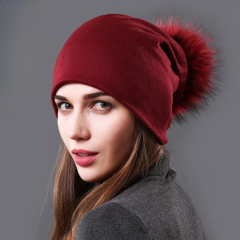 Damen Echter Waschbärfell Bommelmützen Beanies Herbst Winter Warm Einfarbig Mützen Für Frauen Mode Baumwolle Skullies Dünne Mütze