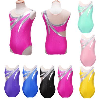 Kids Girls Dance Clothing Sleeveless Round Neckline Bronzing Cloth Rhinestone Decor Leotard Jumpsuit