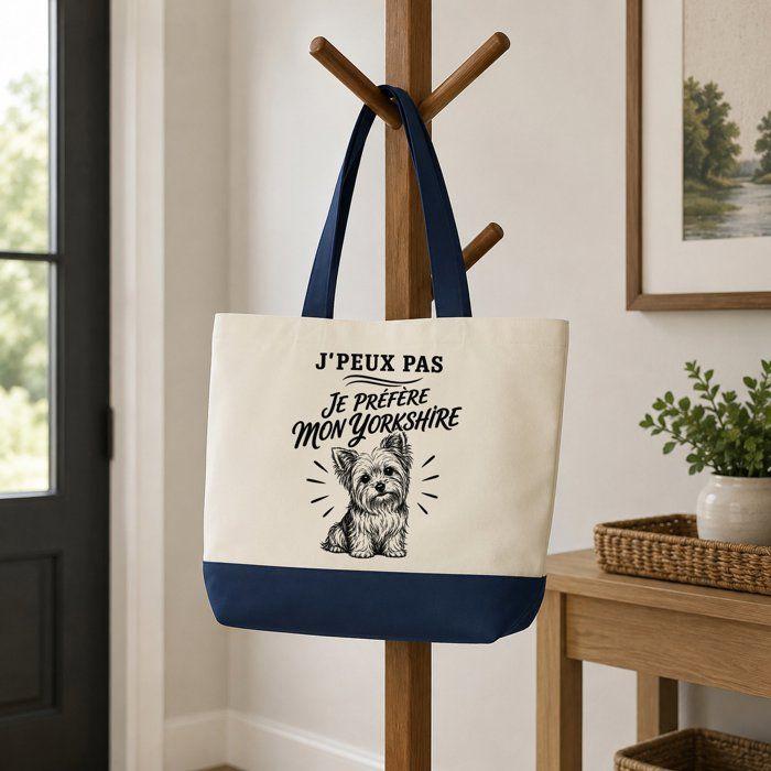 Grand Sac Cabas Fond Bleu J’peux pas je préfère mon Yorkshire J'peux pas minimaliste | Toile de Coton 170 g/m² 27 L Poche