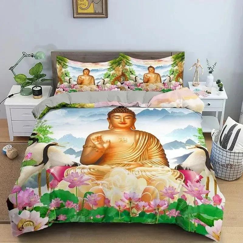 Buddha Bettbezug Set Mikrofaser Buddha Statue Exotisches Ethnisch Böhmisches Bettwäscheset für Buddhistische Anhänger Doppel Queen King Size