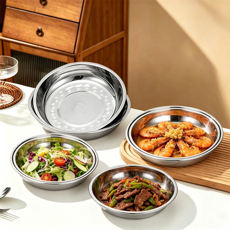 Food-Grade Stainless Steel Multi-Purpose Plate: Ideal for Soup, Dinner, Fruit, Steaming, and Household Use.