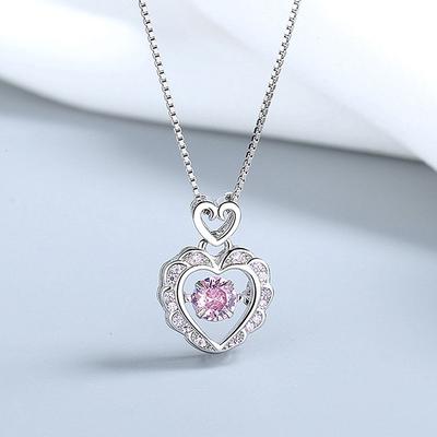 Rosa Diamant Herz Halskette, Funkelnde Kristall Liebesanhänger Halskette für Damen Modeschmuck Geschenk