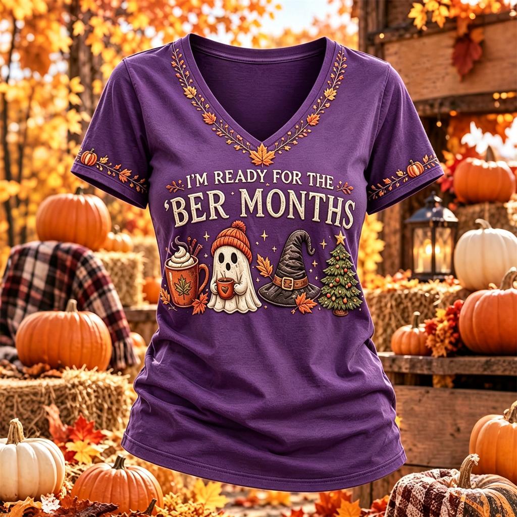 Women's Thanksgiving Print Short Sleeve V-Neck Casual Pullover Top for Fall Holiday