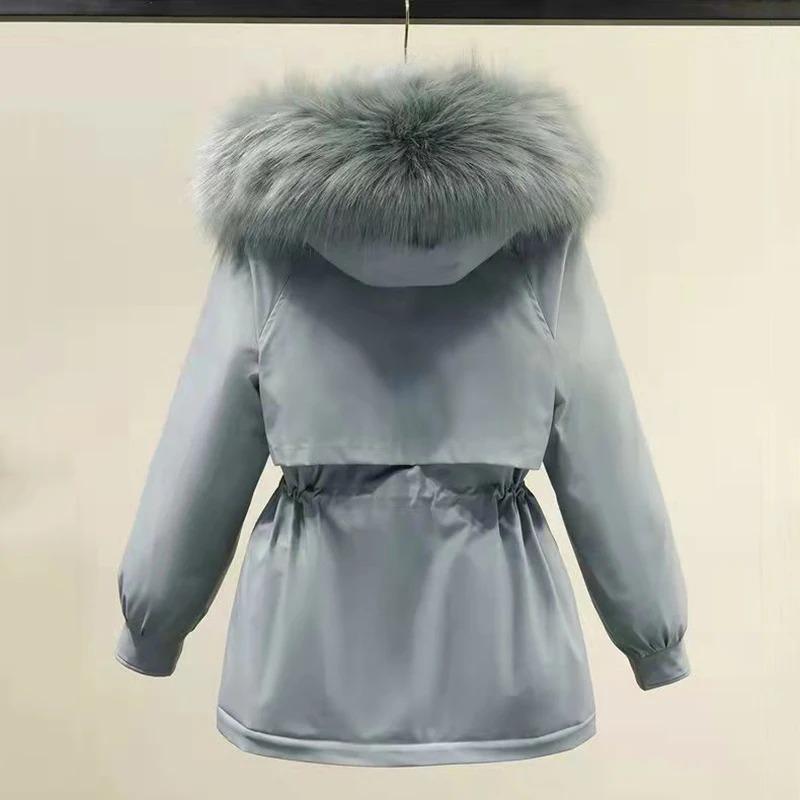 Cotton Padded Plus Size 2XL Winter Big Fur Jacket Women Loose Slim Warm Hooded Parka Coat Down Jacket