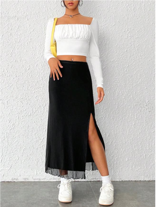 Spring Summer European American High-Waist Mesh Slit Skirt for Women