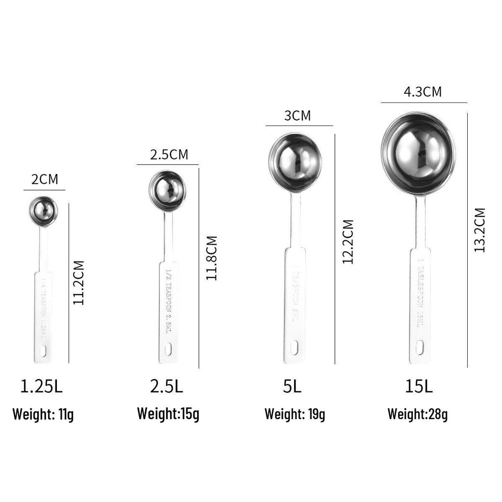 Stainless Steel Measuring Cup & Spoon Set for Coffee, Seasoning, Baking - 4 or 8 Piece Set.