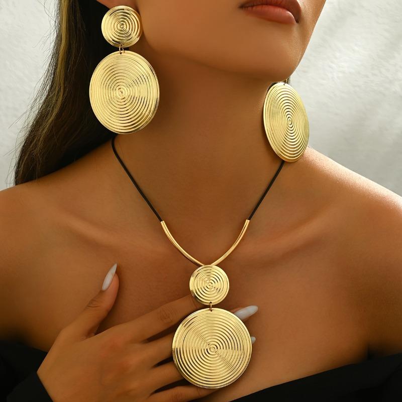 Fashionable Hip-hop Round Pendant Necklace Earrings Women's Suit Minimalist Exaggerated Party Zircon Gift Accessories