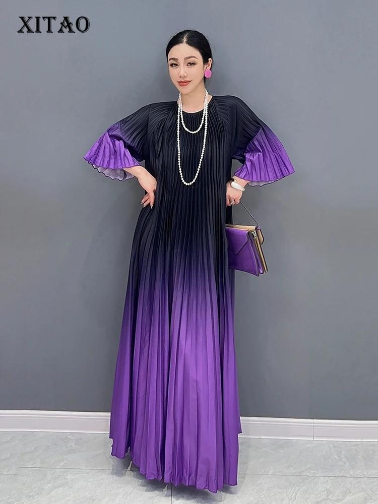 

XITAO повседневное плиссированное платье с круглым вырезом и расклешенными рукавами женское платье LYD1766