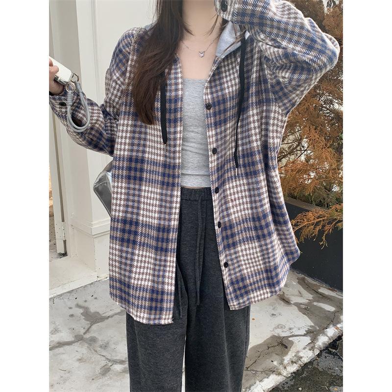 The real shot is not reduced, plaid retro shirt jacket autumn lazy cardigan design sense loose, hooded top