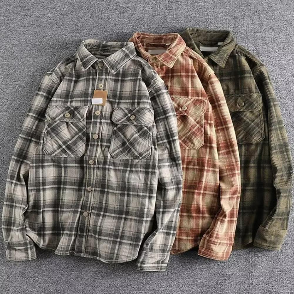 Spring Fall Men Shirt Plaid Print Single-breasted Long Sleeves Shirt Retro Mid Length Cardigan Top
