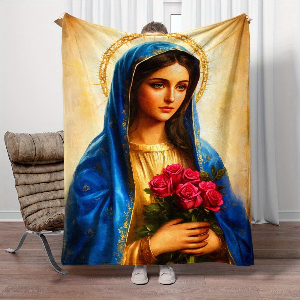 Virgin Mary Religious Portrait Blue Robe Golden Halo Red Roses Holy Artwork Spiritual Flannel Blanket Church decorationChristian