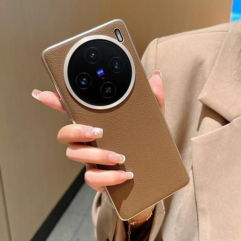 

Lychee Pattern Leather Case for Vivo X100s Pro X100 Ultra X200S X200 Pro Mini Camera Len Plating Bumper Protection Phone Cover X100 темный кофе