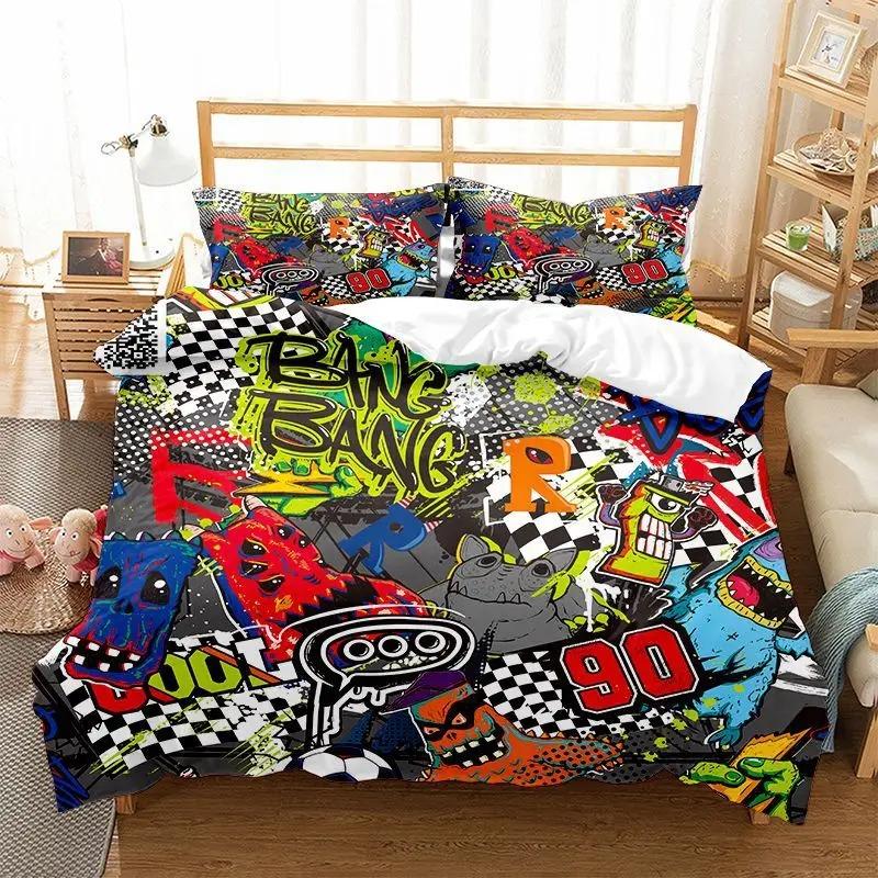 Fashion Bedding Set Cartoon Graffiti Polyester Duvet Cover Pillowcase Single King Double Full Queen Size Polyester Quilt Cover