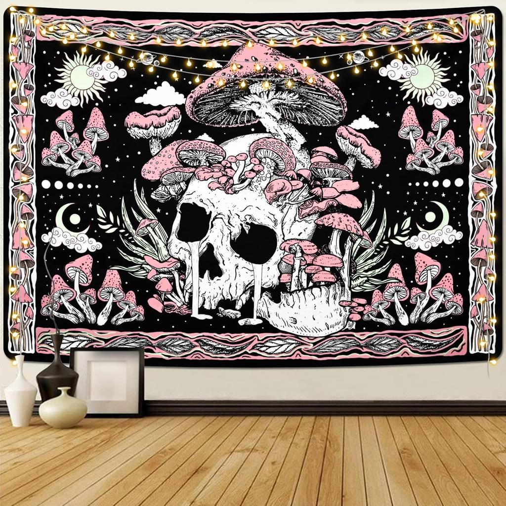VIKAMA Psychedelic Purple Mushroom Skull Tapestry Dark Cosmic Elements Wall Decoration Tapestry Gothic Bedroom Accent