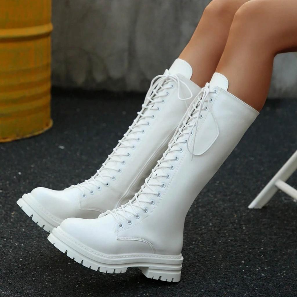 Botas de Mujer Británicas de Suela Gruesa con Cordones y Tacón Grueso, Modernas y Casuales, para Uso en Exteriores, Botas de Tacón Alto para Mujer, Anchas