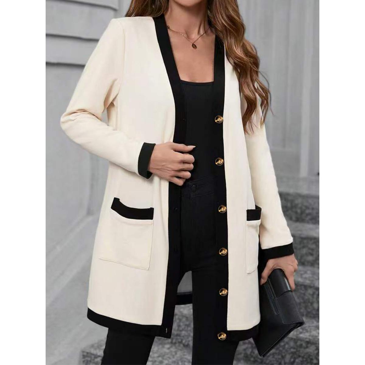 

Women s Fall Fashion Top, Minimalist Contrast Color Panel Single Breasted Blouse, Popular Crossborder Women s Casual Top for European American 5XL слонова кістка