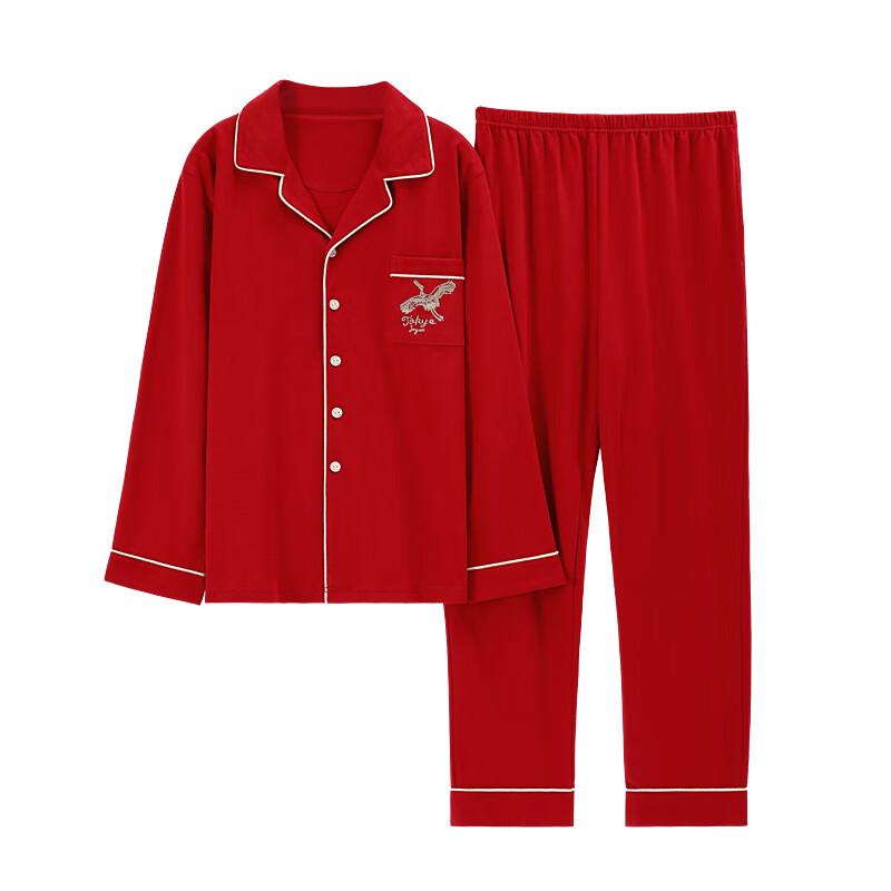 Langsheng Red Pure Cotton Couple Pajama Set