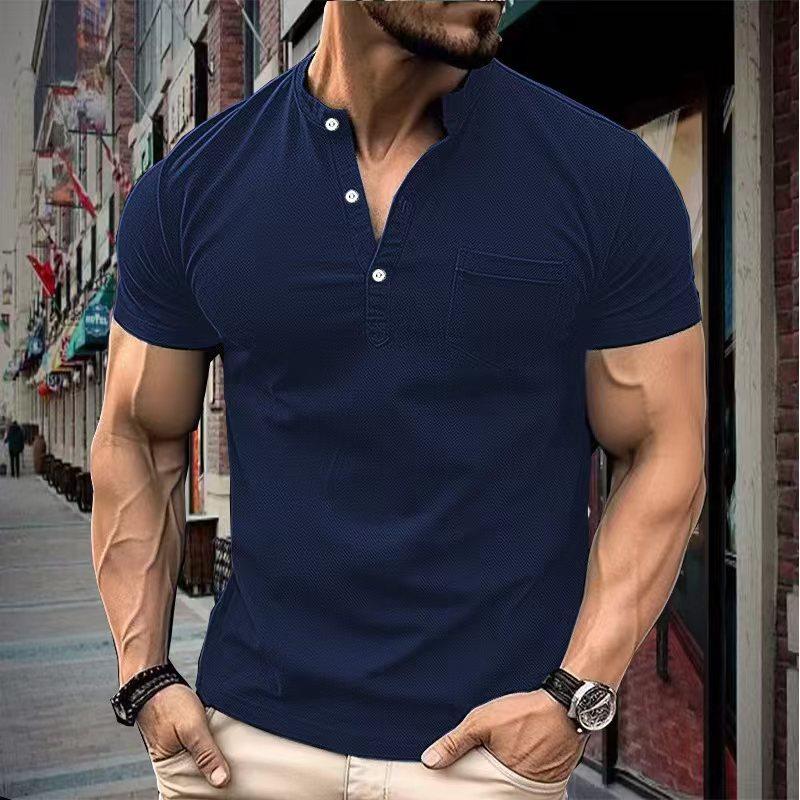 Men's Casual Polo Shirt V-neck Solid Color Versatile T-shirt Top