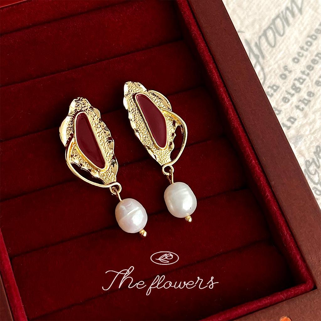 

Винтажные пресноводные жемчужные серьги 14 карат бордового цвета с капающим маслом необычной формы, серьги ювелирные изделия для женщин