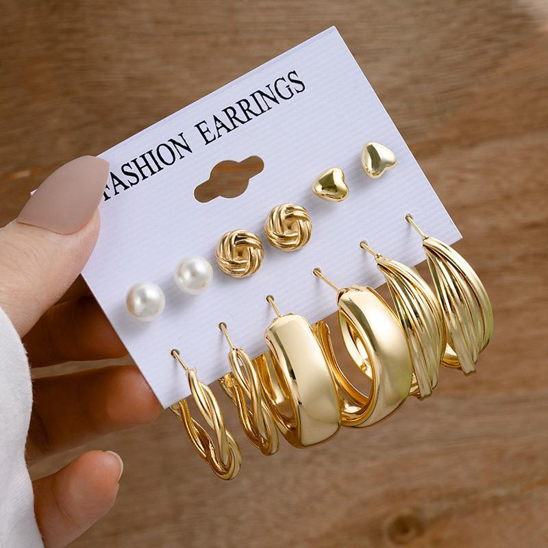 European & American Retro Geometric Hammered Textured Earrings 6-Piece Set: Creative Heart Diamond Stud & Alloy Earrings