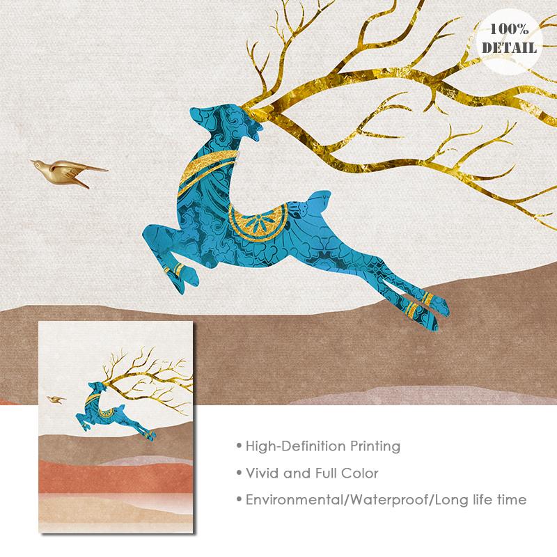 Nordic Landscape Poster Wall Art Canvas Print Picture Mountain Deer Moon Sunrise Modern Abstract Painting for Living Room Decor