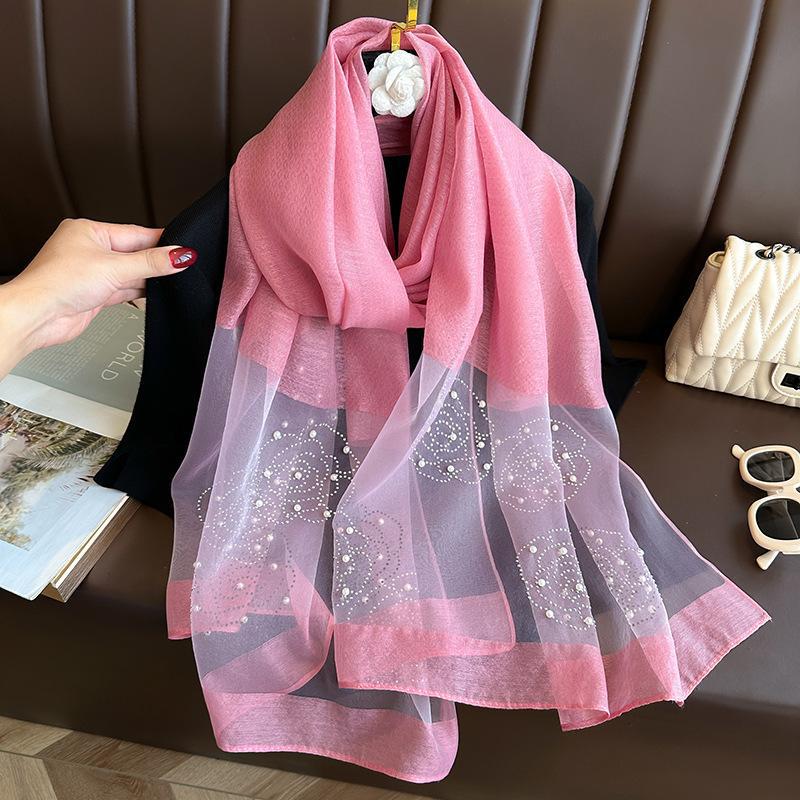 Elegant Organza Silk Scarf With Beads Solid Color 190*70Cm Long Scarves Embroidery Flowers Pearl Solid Shawls For Women Hijab