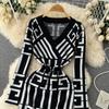 Spring Autumn V-neck Geometry Pattern Knitted Sweater Dresses Women Full Sleeve Mini Slim Bodycon Pencil Dress