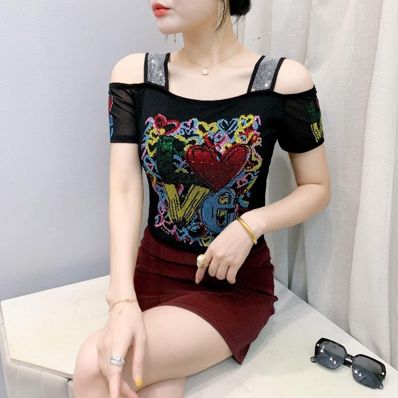 TrendHub Sexy Off Shoulder T Shirt for Women Luxury Flower Diamonds Short Sleeve Tee Summer Fashion Womens Mesh Tee Shirts Top