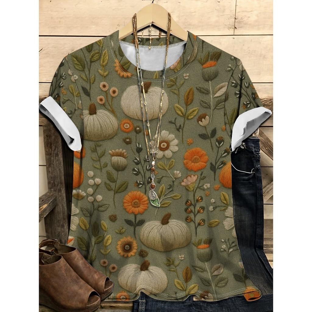 Summer Round Neck 3D Halloween Themed Pattern Print Top Fashionable Casual Short Sleeved Women's T-shirts