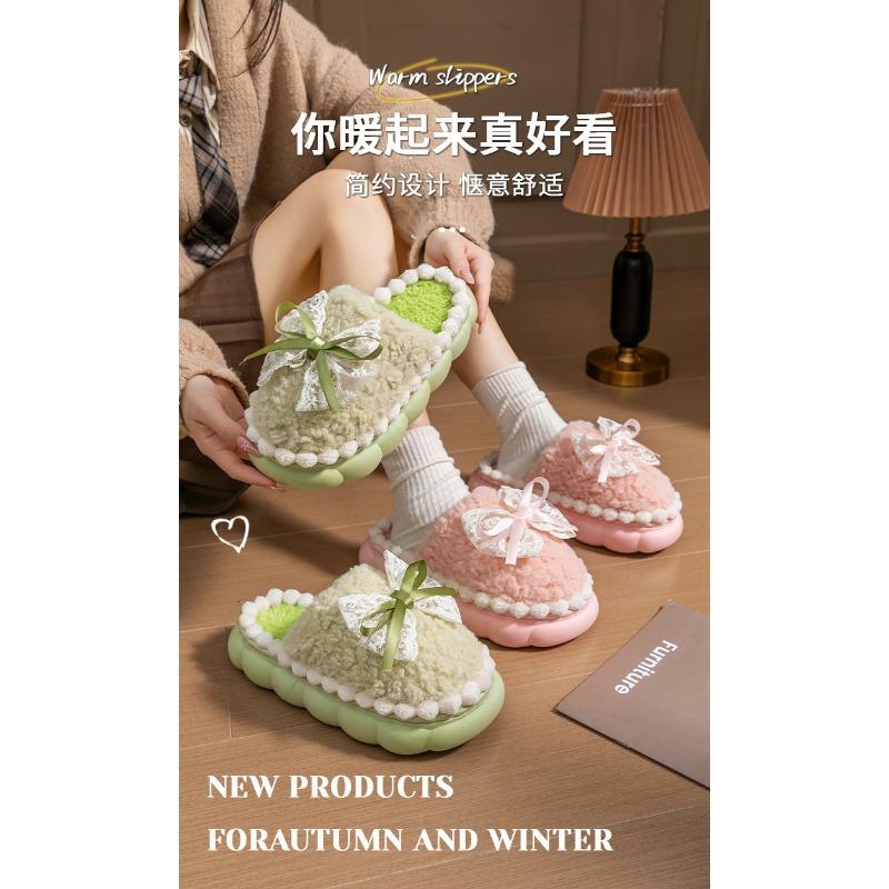 Women Bowknot Fuzzy Plush Thick Sole Warm Indoor Home House Slippers