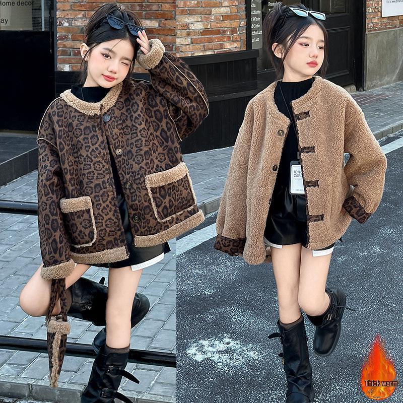 

Girls Reversible Leopard Print Lambswool Coat, 2024 Autumn/Winter Fashionable Shearling Top 170 cm