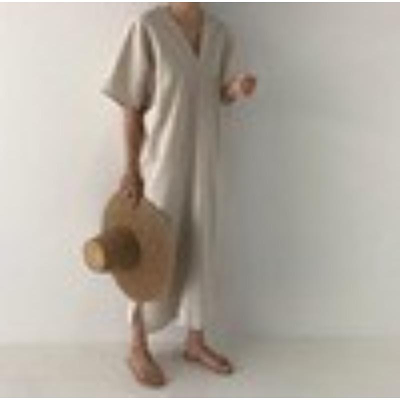 

Ретро Длинное Свободное Платье с V-образным Вырезом и Короткими Рукавами для Женщин one size абрикосовый