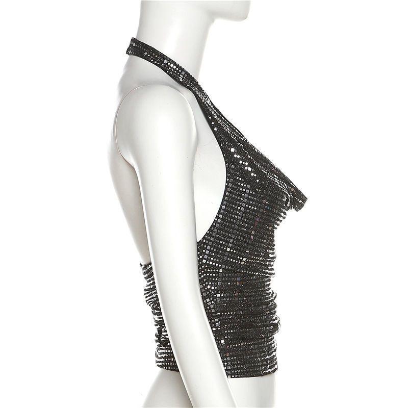 Street Style Sequin Rhinestone Halter Neck Tank Top - European & American Fashion