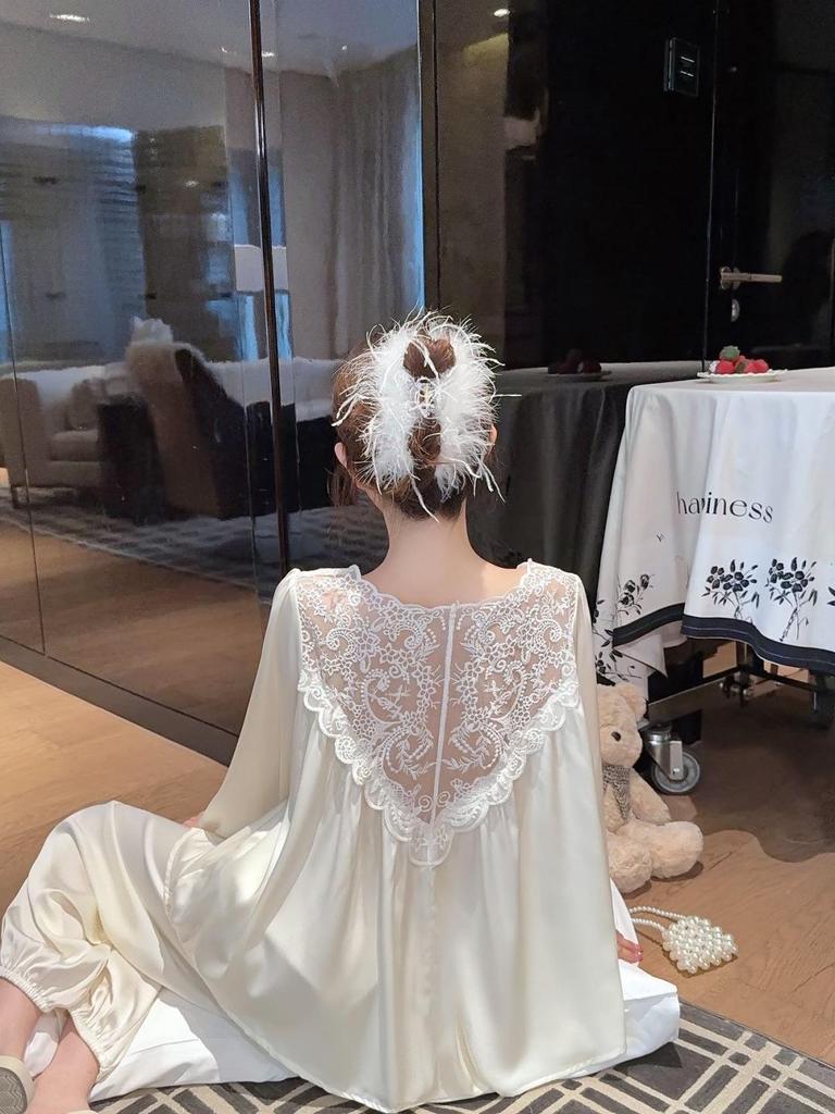 Spring Sweet Princess Lace Ice Silk Pajamas: Women's Loose Korean Court Style, Long Sleeve Pullover Top and Pants Set