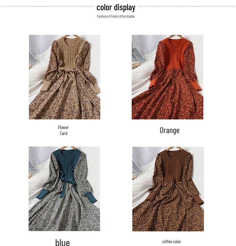 Trendy Autumn/Winter Korean Style Slimming Patchwork Tie-Up Knit Long Dress with Corduroy Floral Print