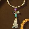 Medieval vintage four-leaf clover pearl fringed pendant Western antique necklace Versatile natural stone medieval pendant