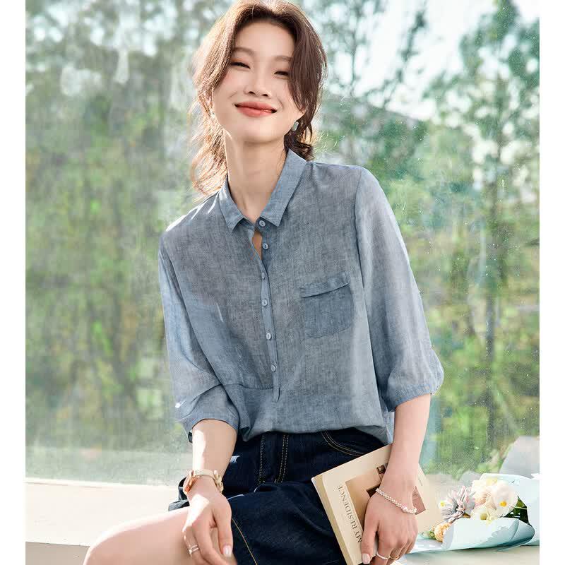 Srcr Women's 100% Silk Crepe De Chine 3/4 Sleeve Shirt