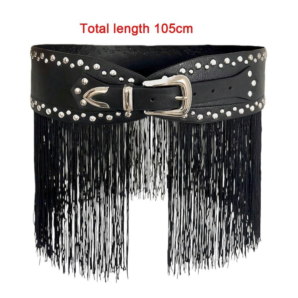Y2K Harajuku PU Leather Tassel Belt Punk Style Patchwork Design Wide Belt Western Cowboy Vintage Rivet Belt Daily Wear